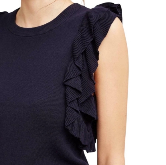 Anthropologie Women's Navy Blue Ruffle Sleeve Knit Sweater - Picture 3 of 9
